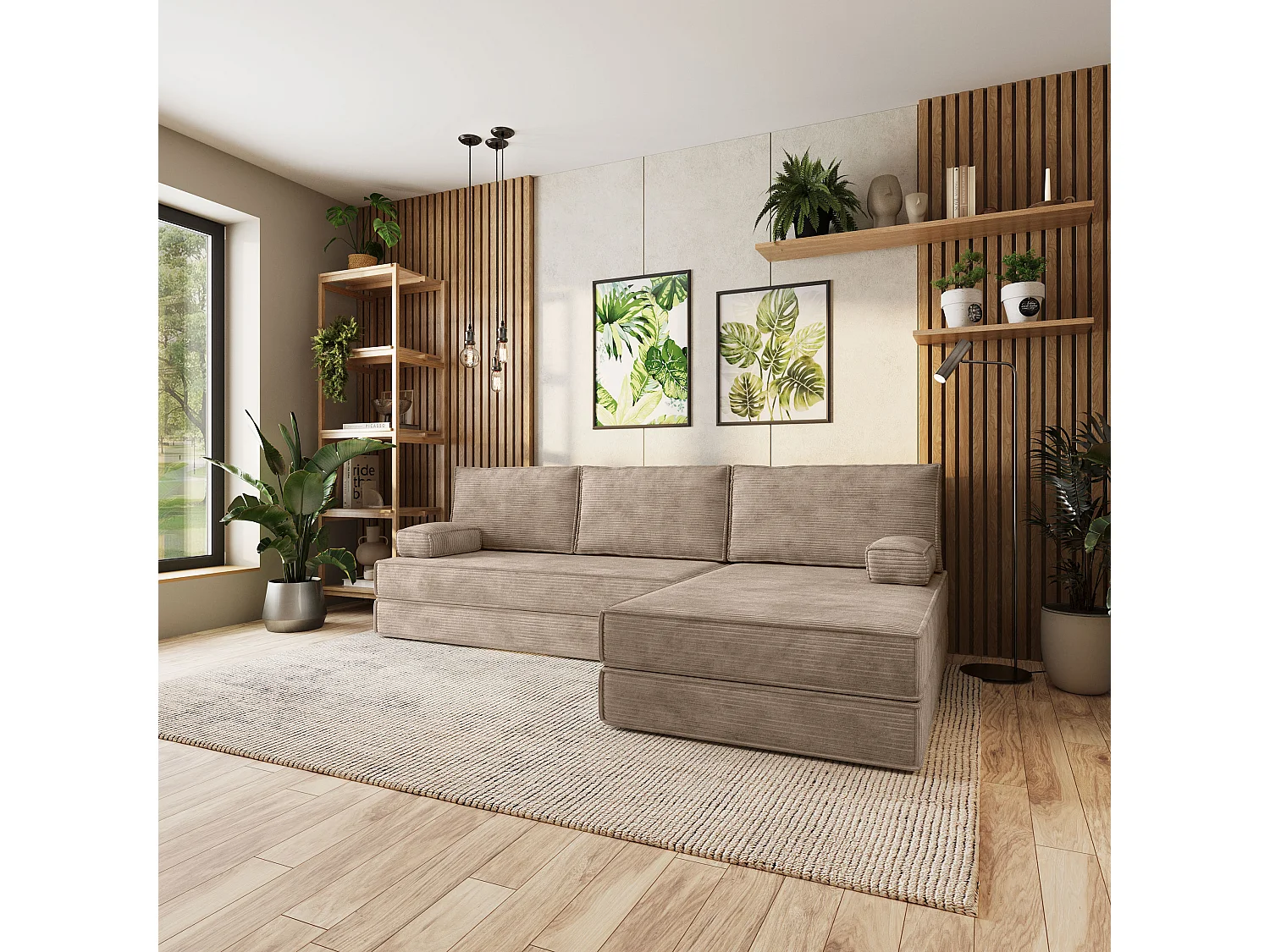 Canapé convertible compressé ANKO, sans cadre métallique, velours côtelé POSO Beige