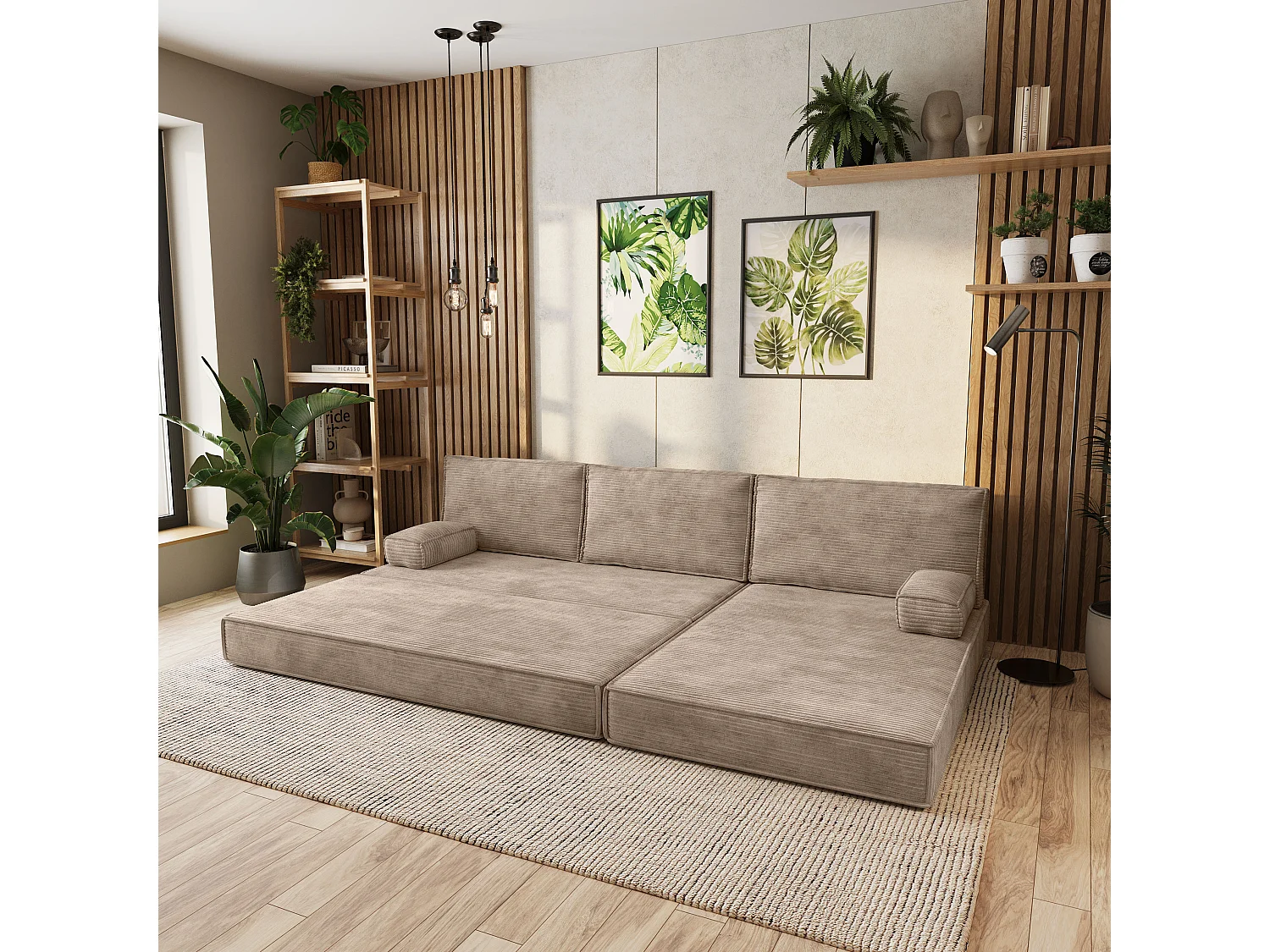 Canapé convertible compressé ANKO, sans cadre métallique, velours côtelé POSO Beige