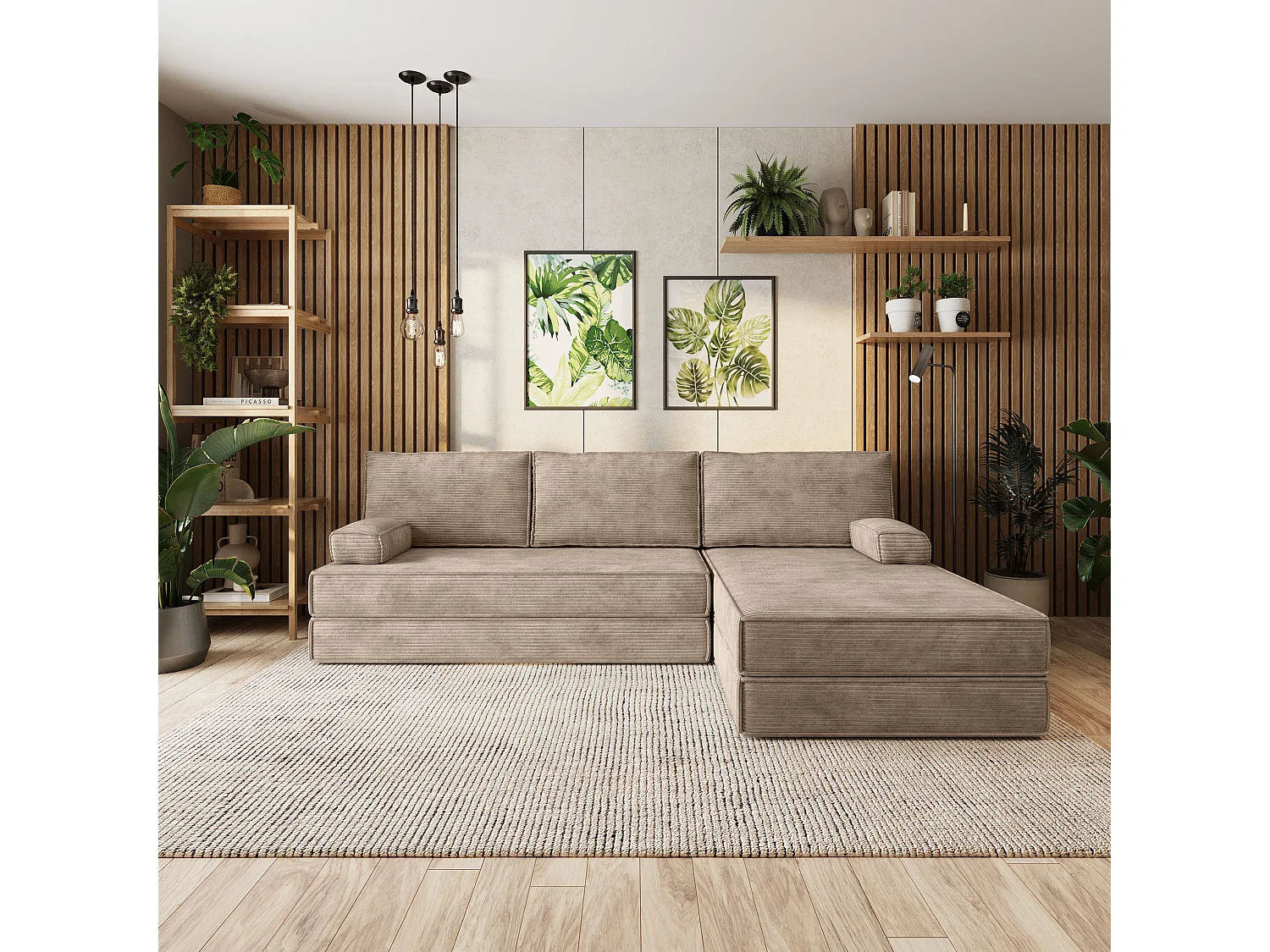 Canapé convertible compressé ANKO, sans cadre métallique, velours côtelé POSO Beige