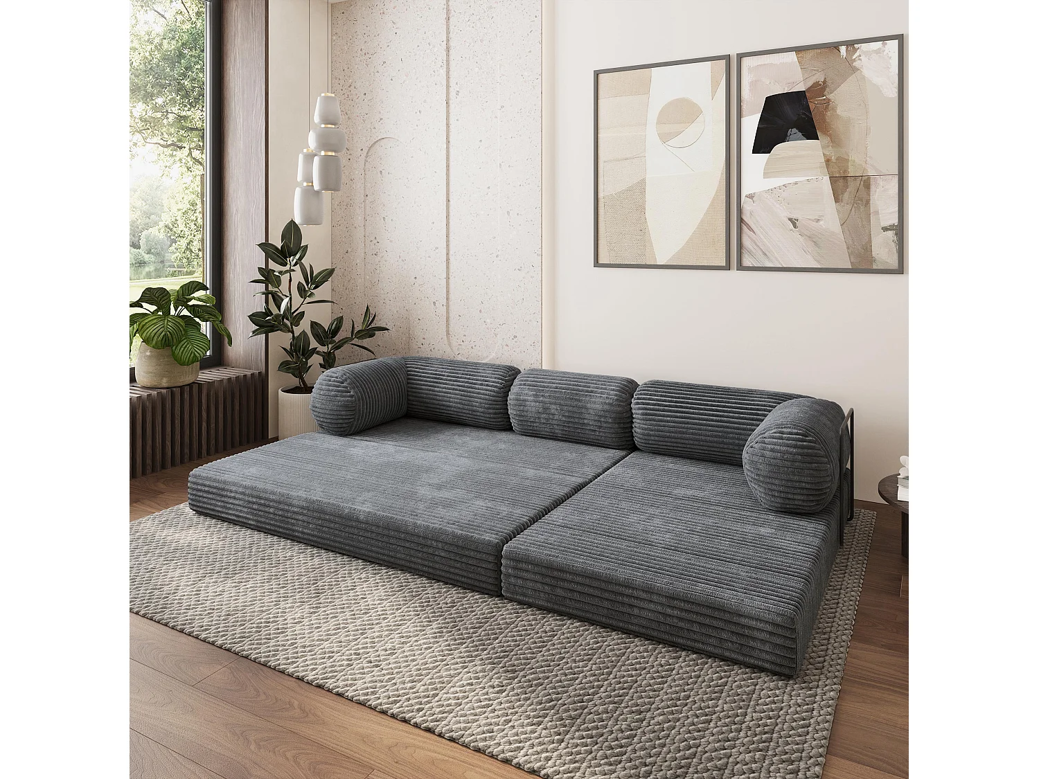 Canapé convertible compressé ETERA, avec cadre métallique, velours côtelé TILIA Gris