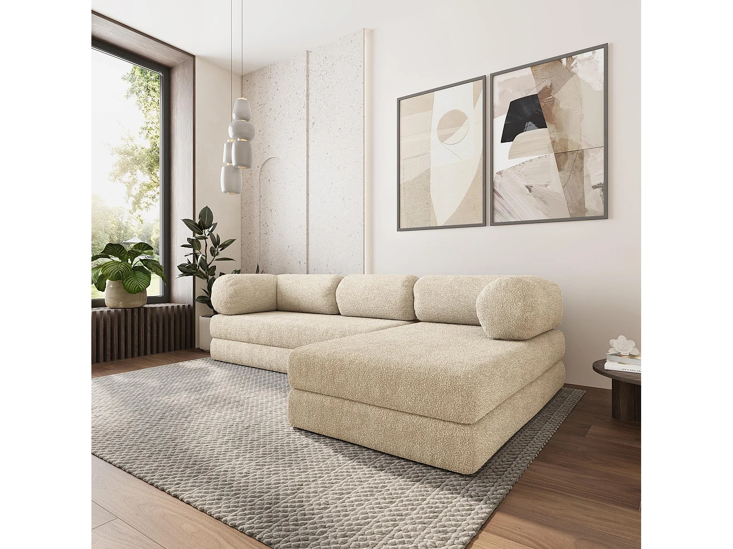 Canapé convertible compressé KELI, sans cadre métallique, bouclé Crème