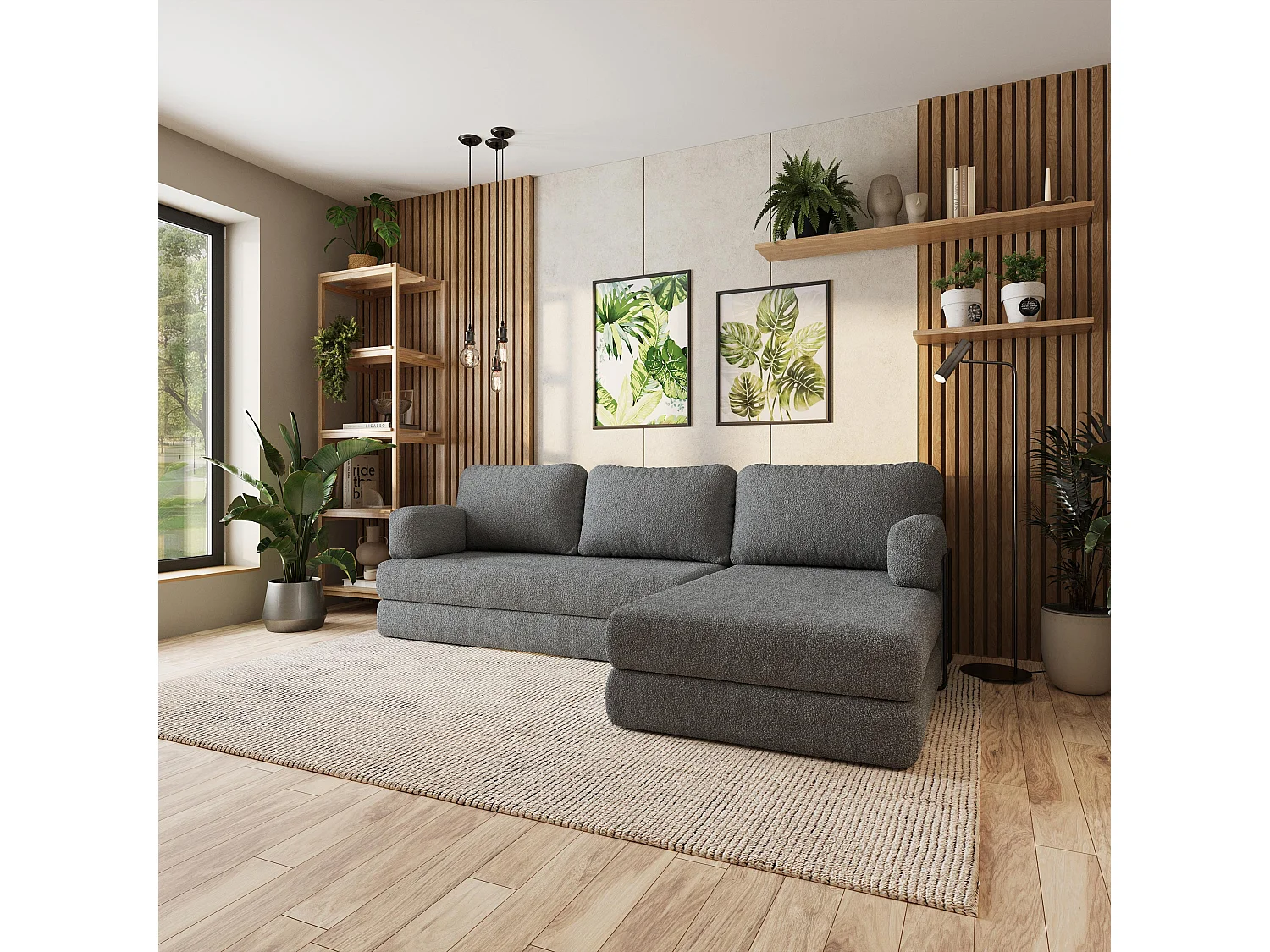 Canapé convertible compressé LEA, avec cadre métallique, bouclé Gris