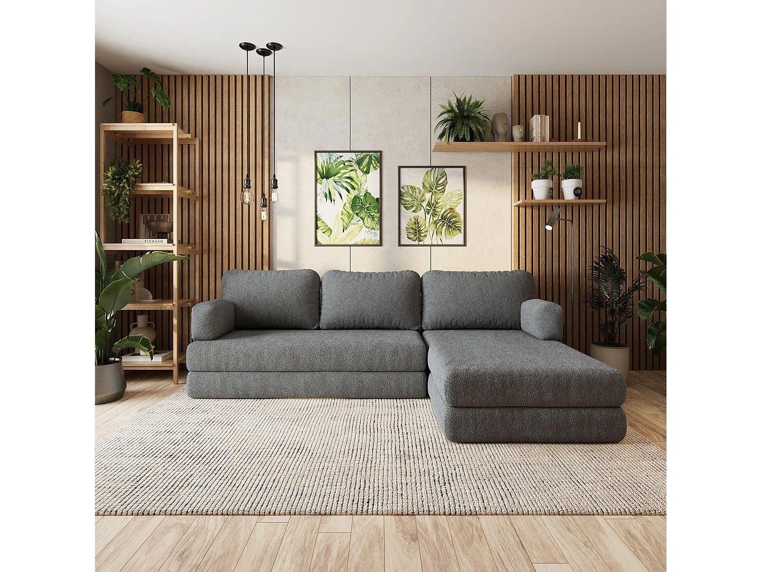 Canapé convertible compressé LEA, avec cadre métallique, bouclé Gris
