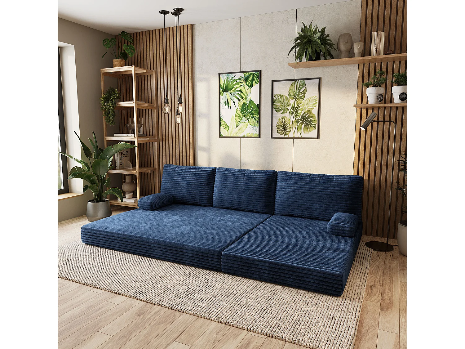 Canapé convertible compressé ANKO, sans cadre métallique, velours côtelé TILIA Bleu