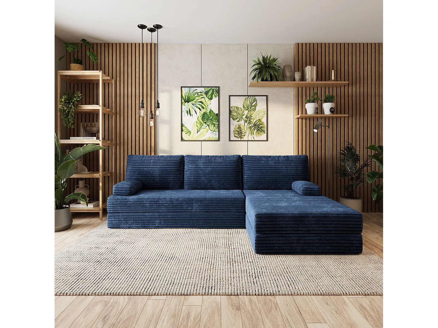 Canapé convertible compressé ANKO, sans cadre métallique, velours côtelé TILIA Bleu