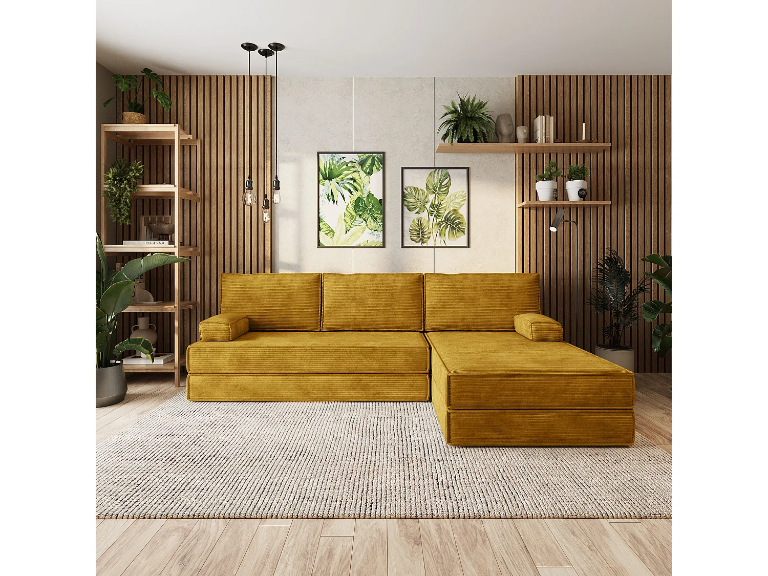 Canapé convertible compressé ANKO, sans cadre métallique, velours côtelé POSO Jaune