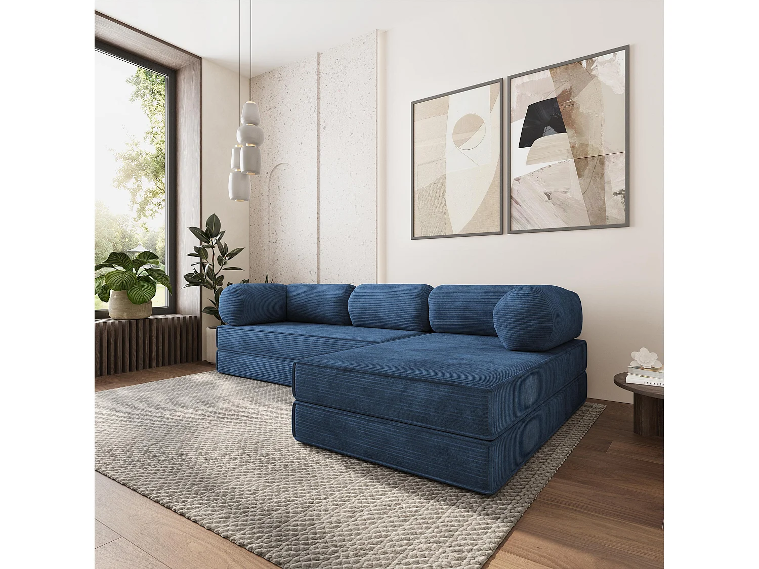 Canapé convertible compressé ETERA, sans cadre métallique, velours côtelé POSO Bleu