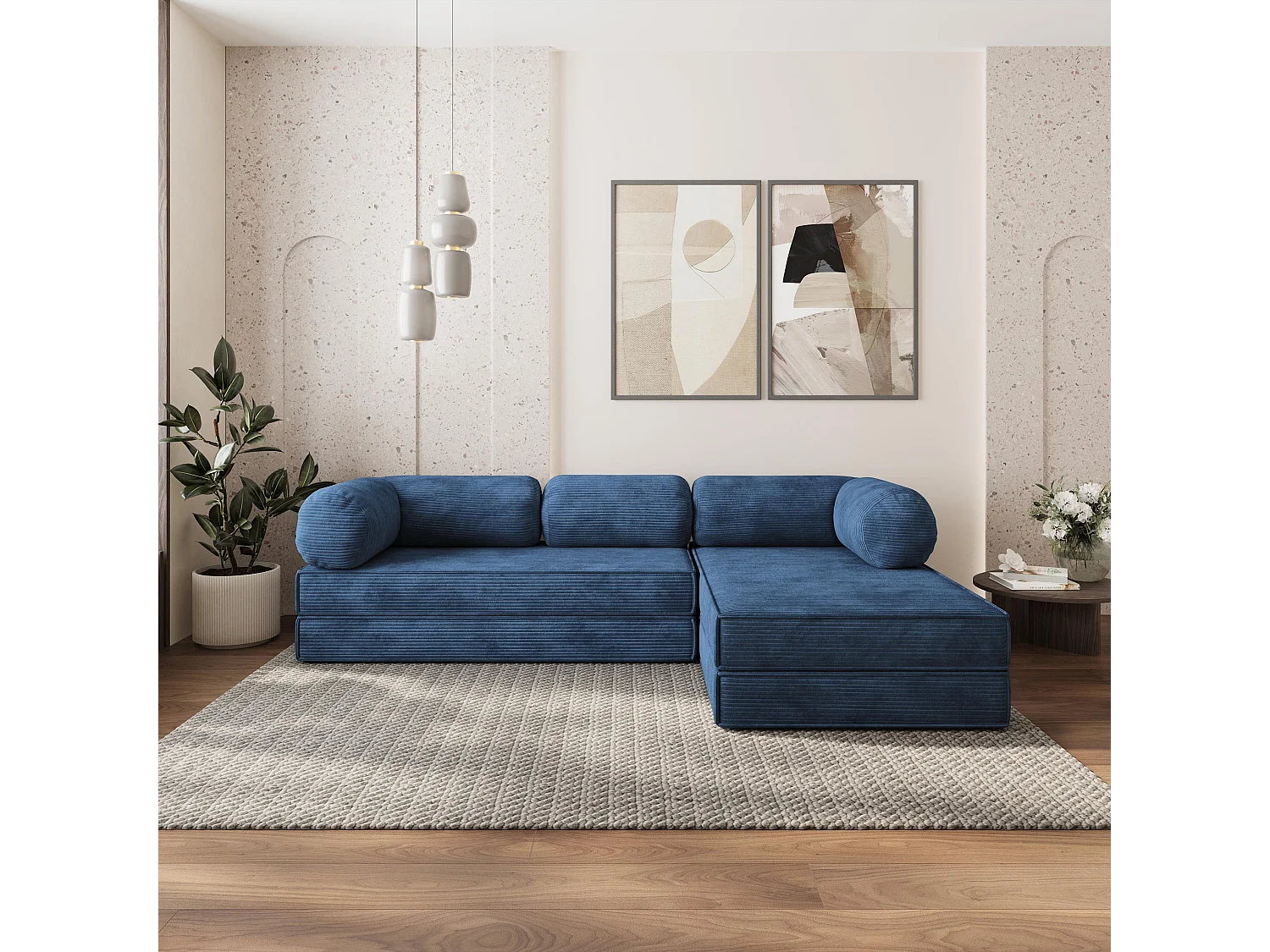 Canapé convertible compressé ETERA, sans cadre métallique, velours côtelé POSO Bleu