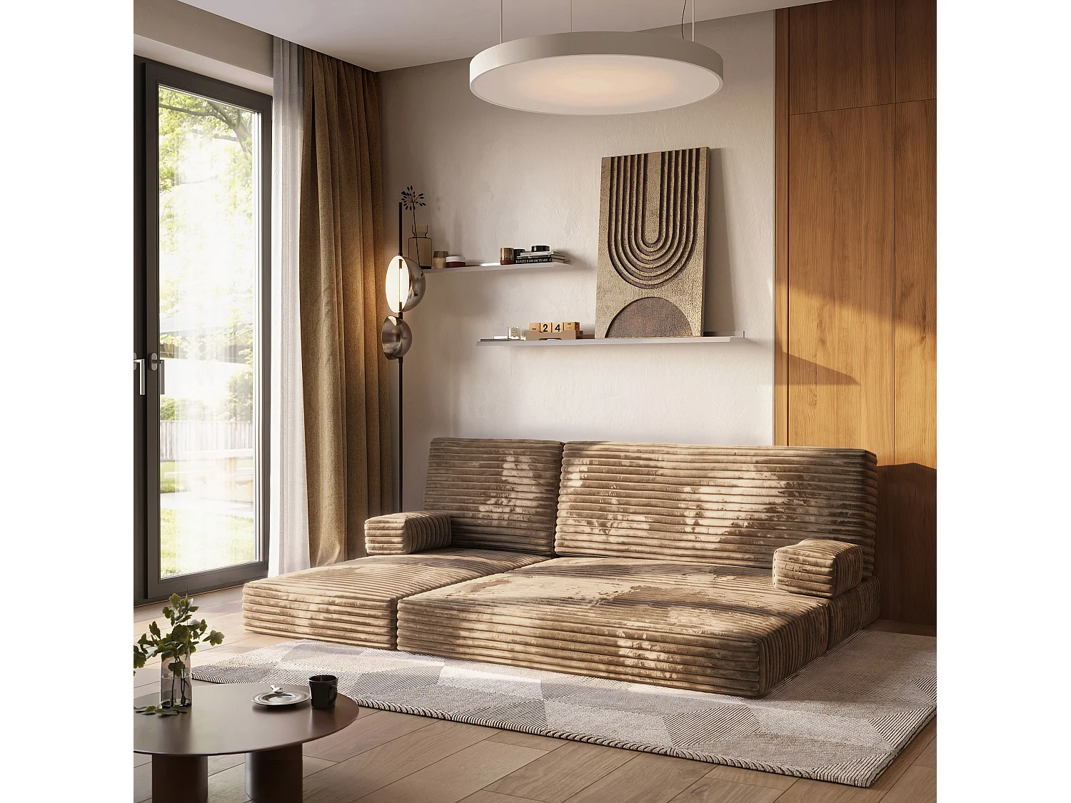 Canapé convertible compressé NOTIA, sans cadre métallique, velours côtelé TILIA Beige
