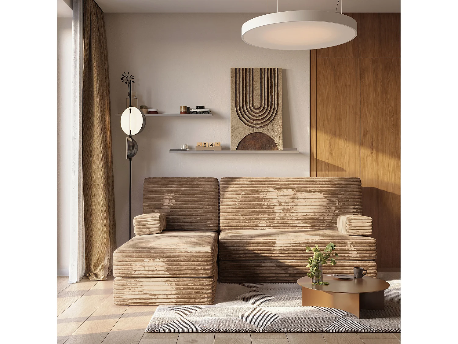 Canapé convertible compressé NOTIA, sans cadre métallique, velours côtelé TILIA Beige