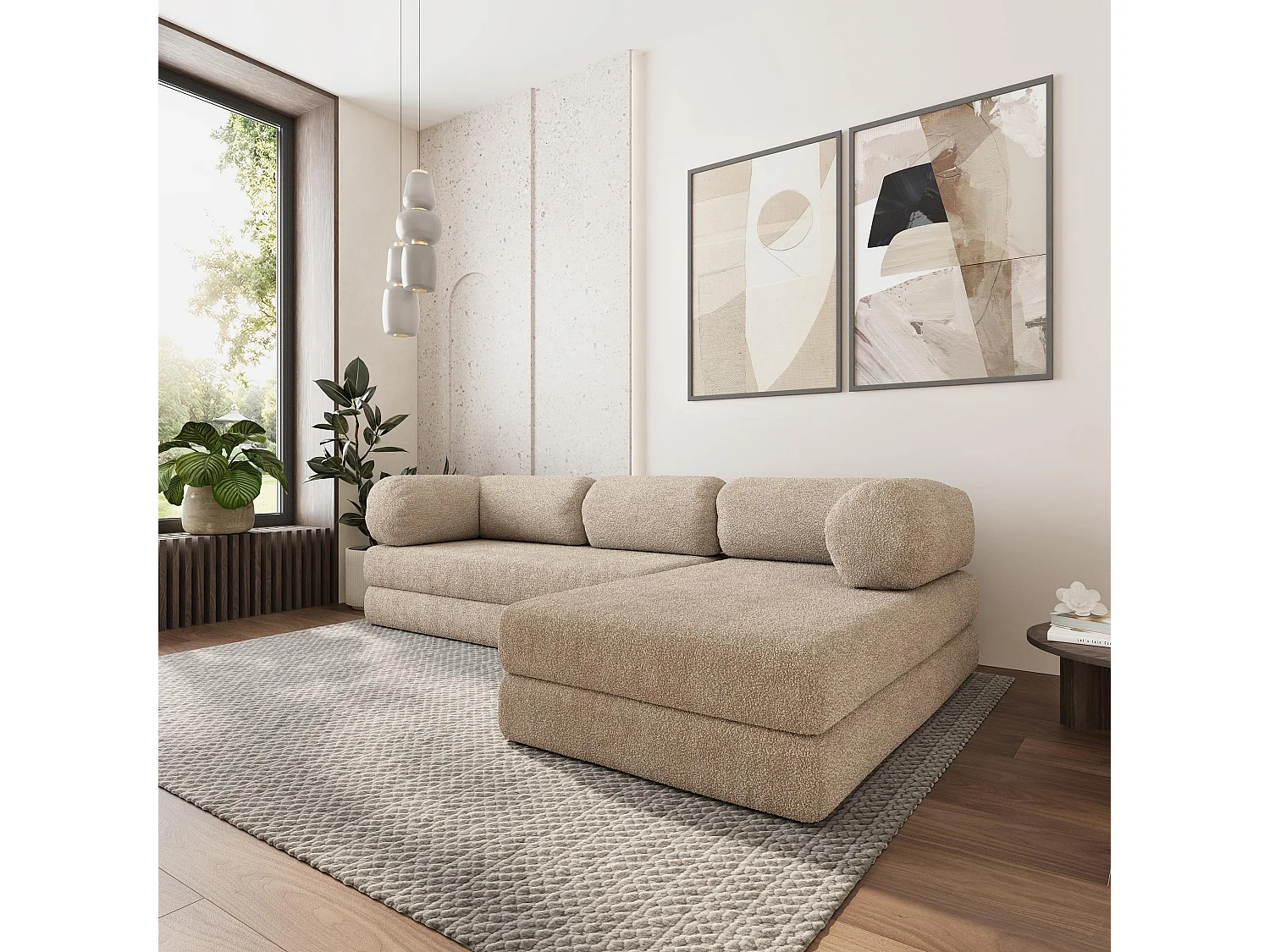 Canapé convertible compressé KELI, sans cadre métallique, bouclé Beige