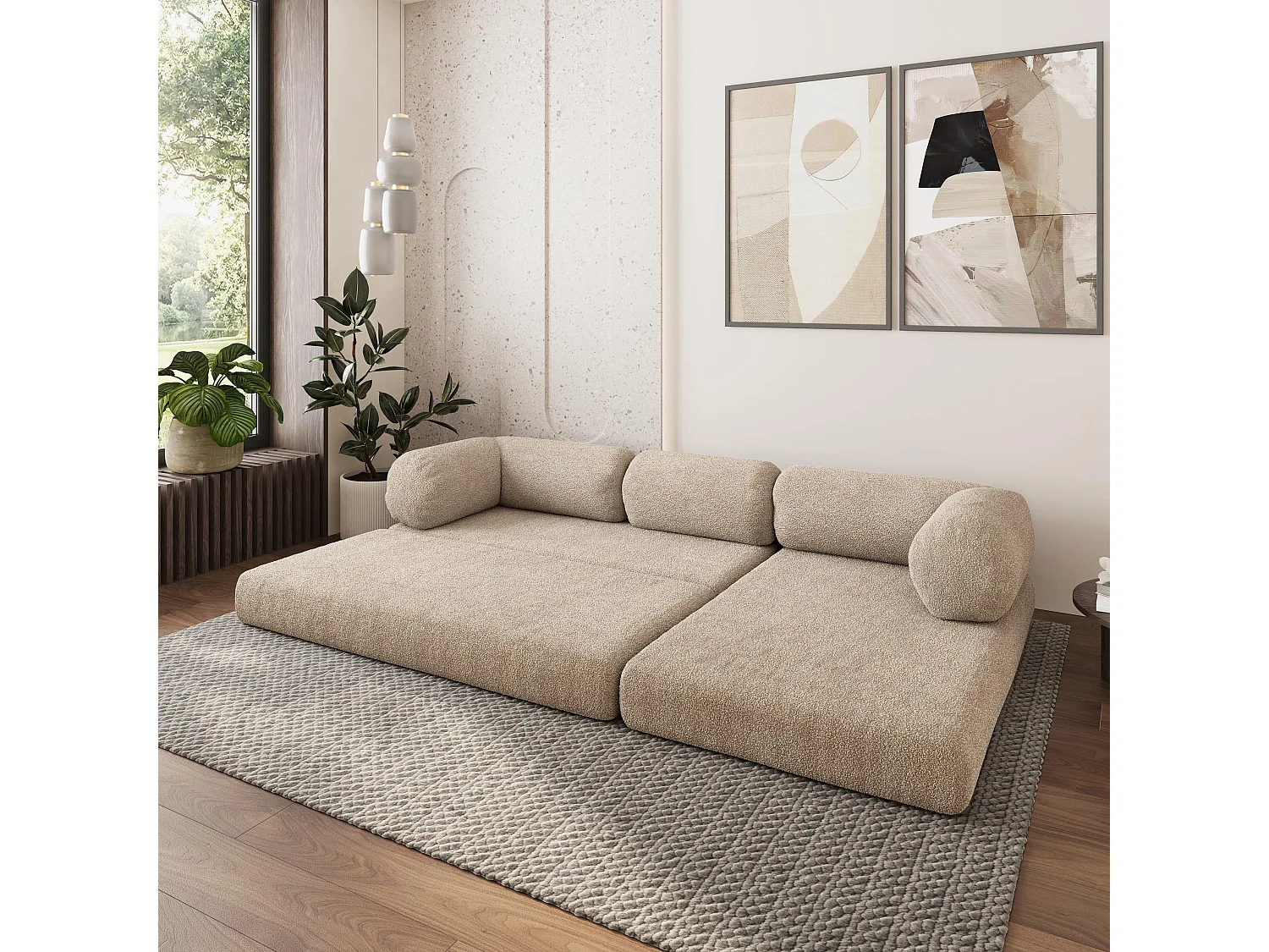Canapé convertible compressé KELI, sans cadre métallique, bouclé Beige