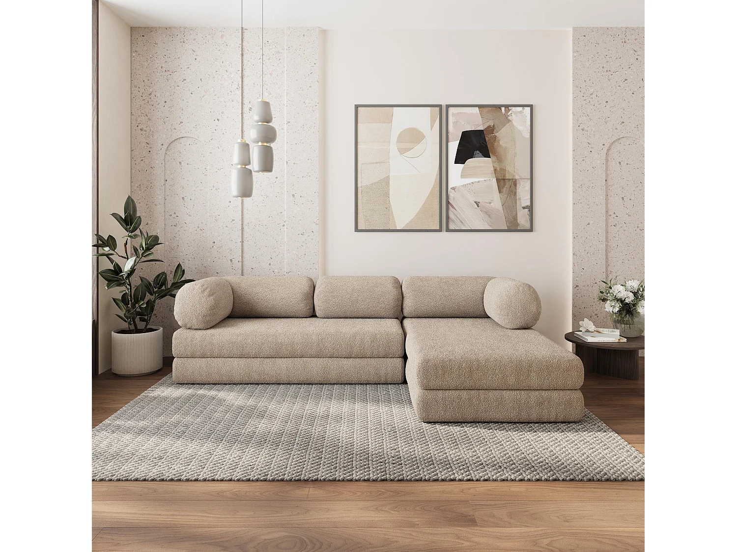 Canapé convertible compressé KELI, sans cadre métallique, bouclé Beige
