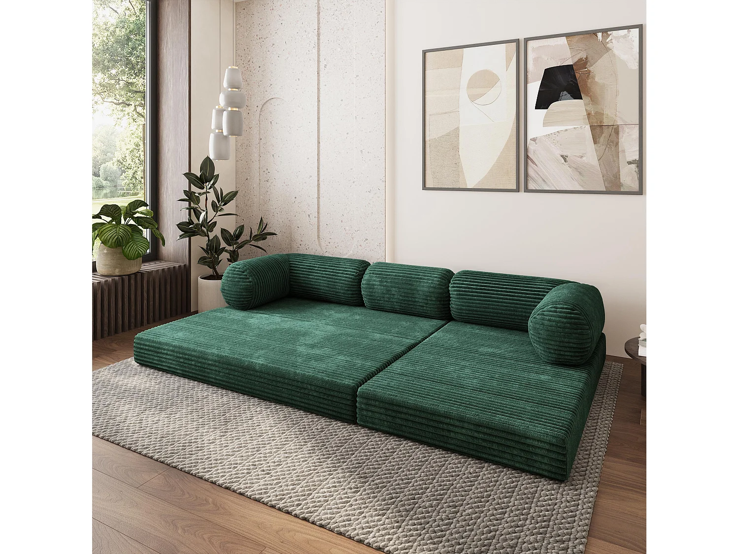 Canapé convertible compressé ETERA, sans cadre métallique, velours côtelé TILIA Vert Sapin