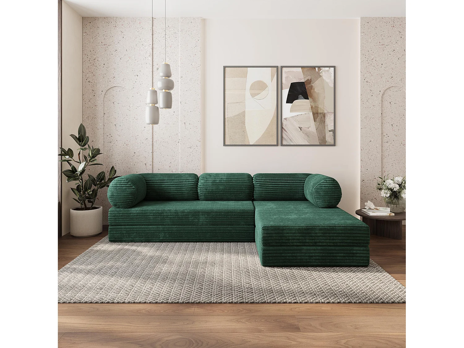 Canapé convertible compressé ETERA, sans cadre métallique, velours côtelé TILIA Vert Sapin