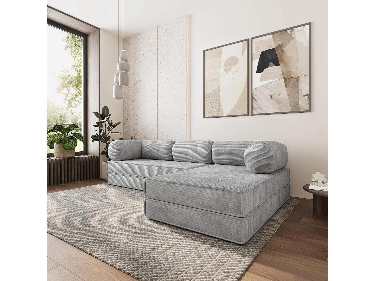 Canapé convertible compressé ETERA, sans cadre métallique, velours côtelé POSO Gris clair