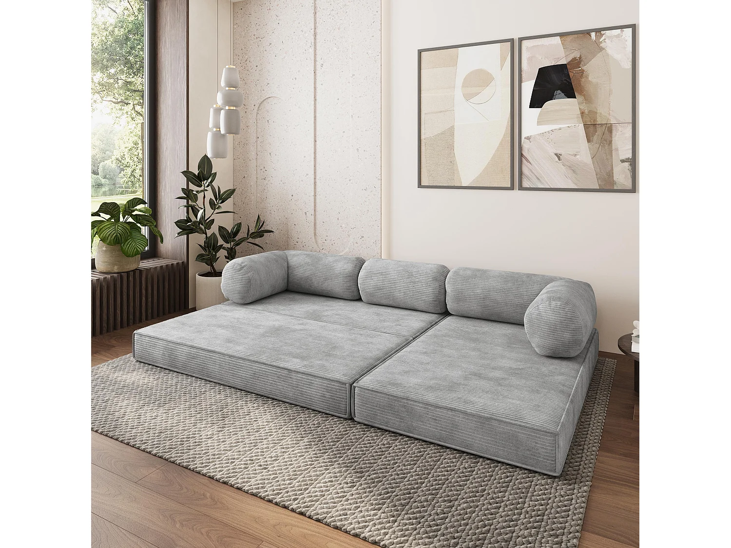 Canapé convertible compressé ETERA, sans cadre métallique, velours côtelé POSO Gris clair