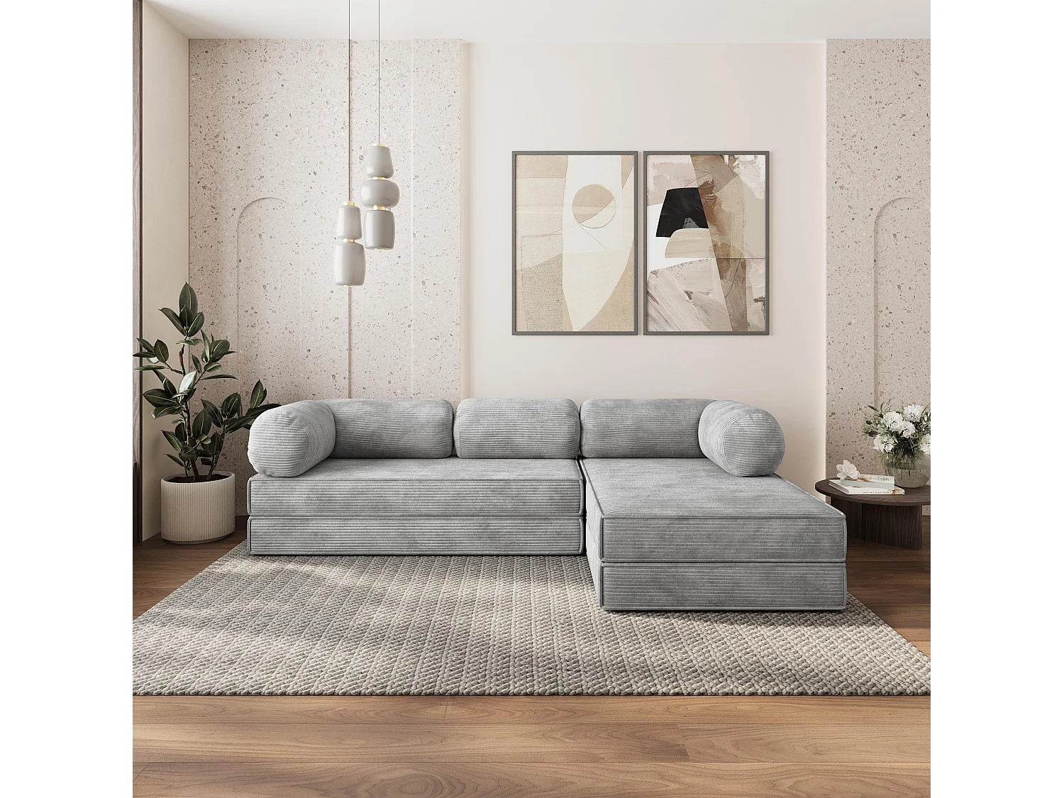 Canapé convertible compressé ETERA, sans cadre métallique, velours côtelé POSO Gris clair