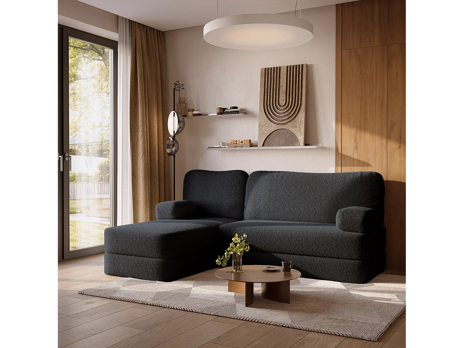 Canapé convertible compressé SABI, sans cadre métallique, bouclé Noir