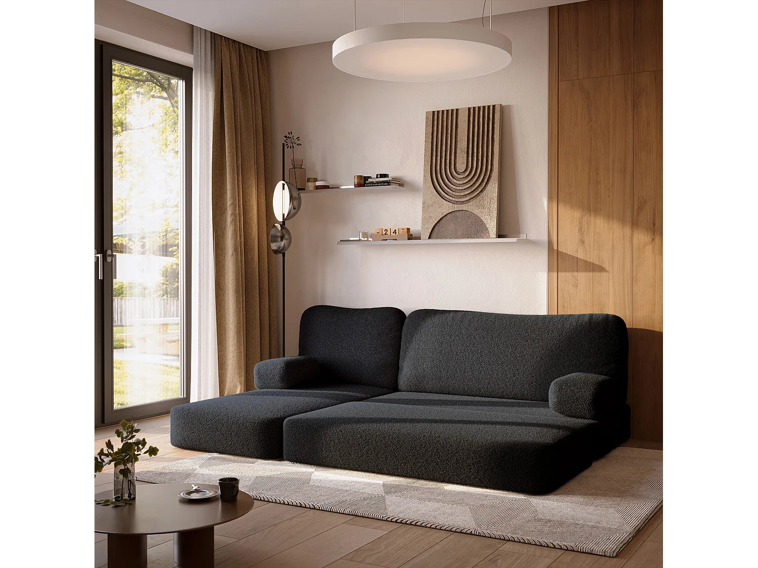Canapé convertible compressé SABI, sans cadre métallique, bouclé Noir
