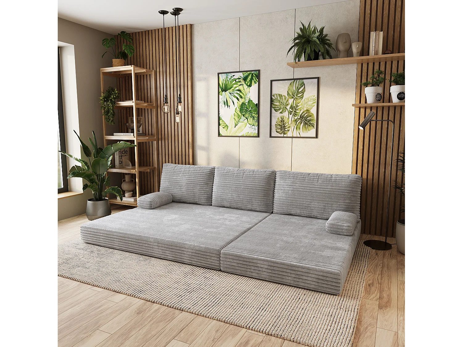Canapé convertible compressé ANKO, sans cadre métallique, velours côtelé TILIA Gris clair