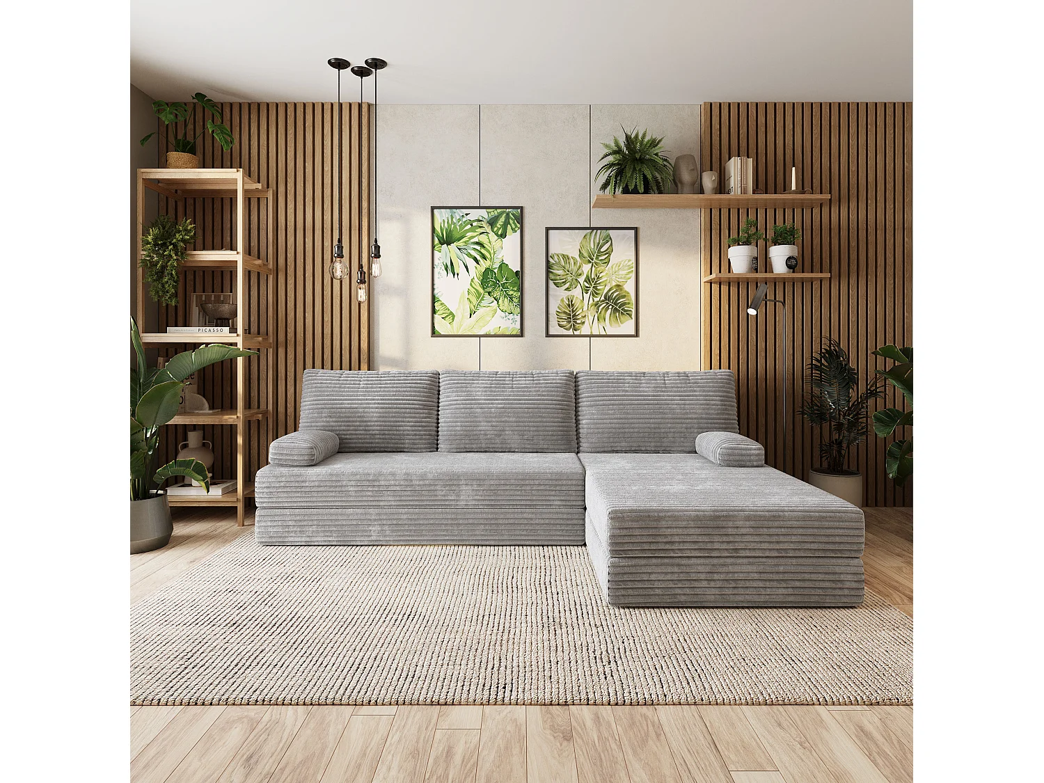 Canapé convertible compressé ANKO, sans cadre métallique, velours côtelé TILIA Gris clair