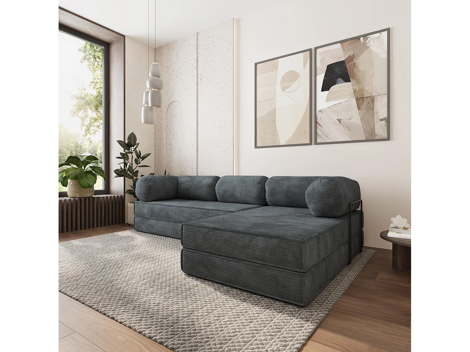 Canapé convertible compressé ETERA, avec cadre métallique, velours côtelé POSO Gris