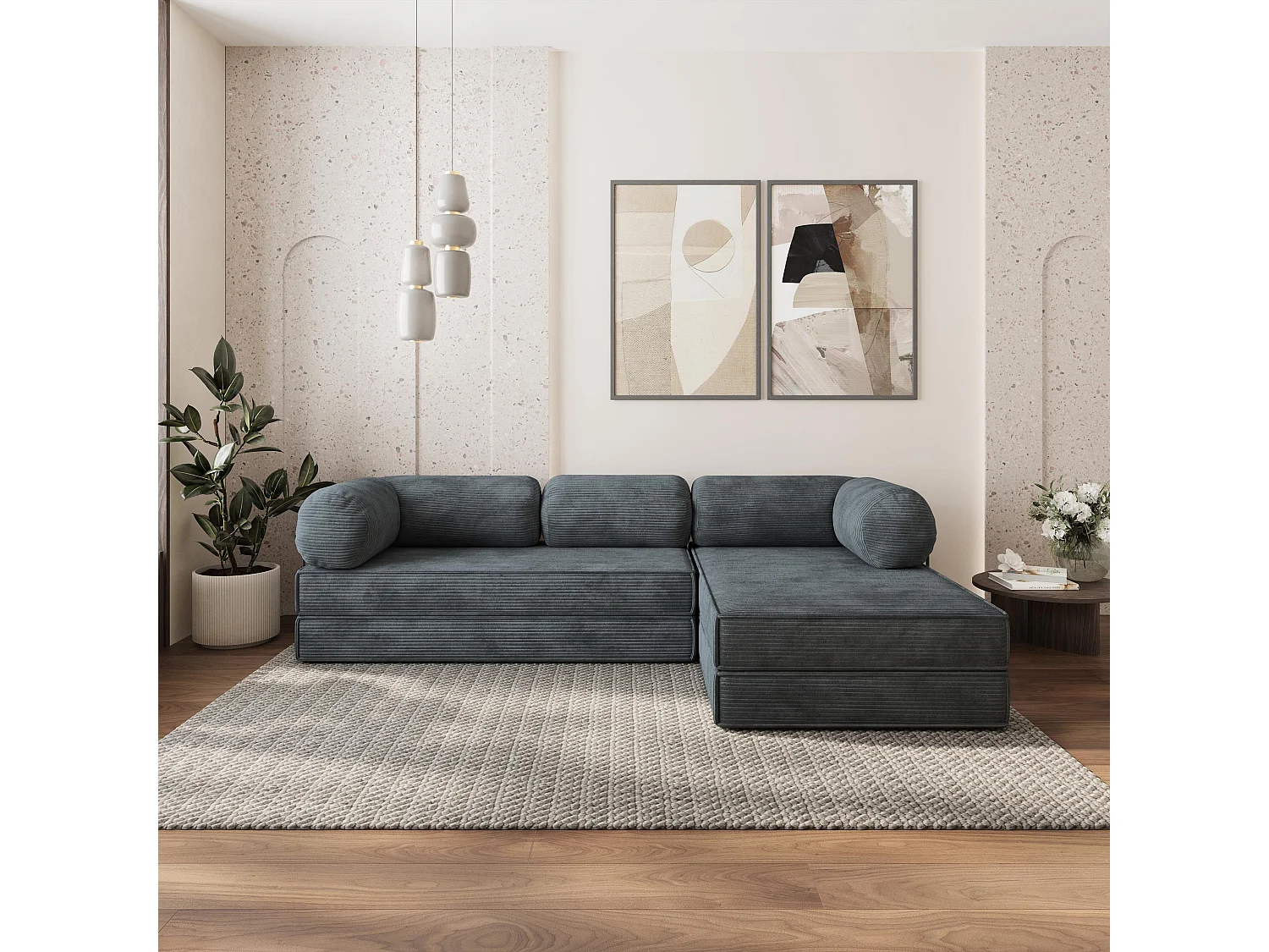 Canapé convertible compressé ETERA, avec cadre métallique, velours côtelé POSO Gris