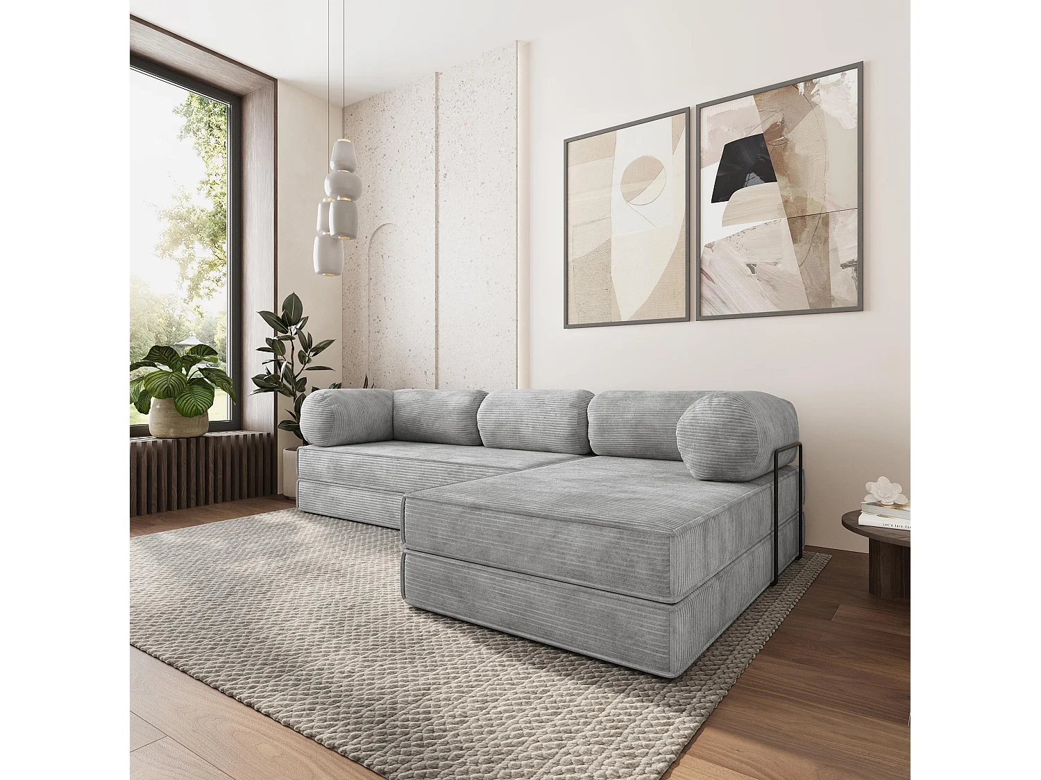Canapé convertible compressé ETERA, avec cadre métallique, velours côtelé POSO Gris clair