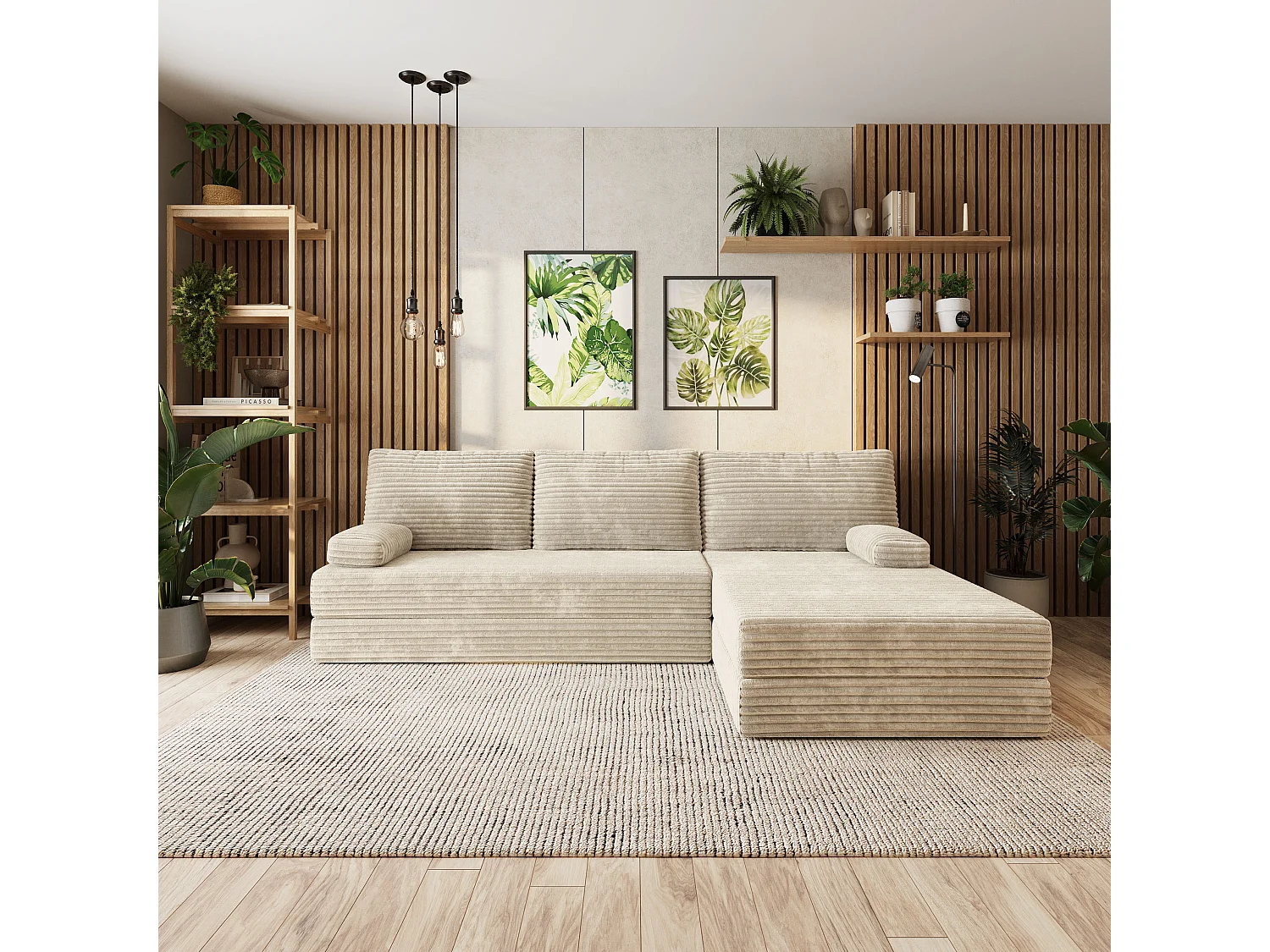 Canapé convertible compressé ANKO, sans cadre métallique, velours côtelé TILIA Crème