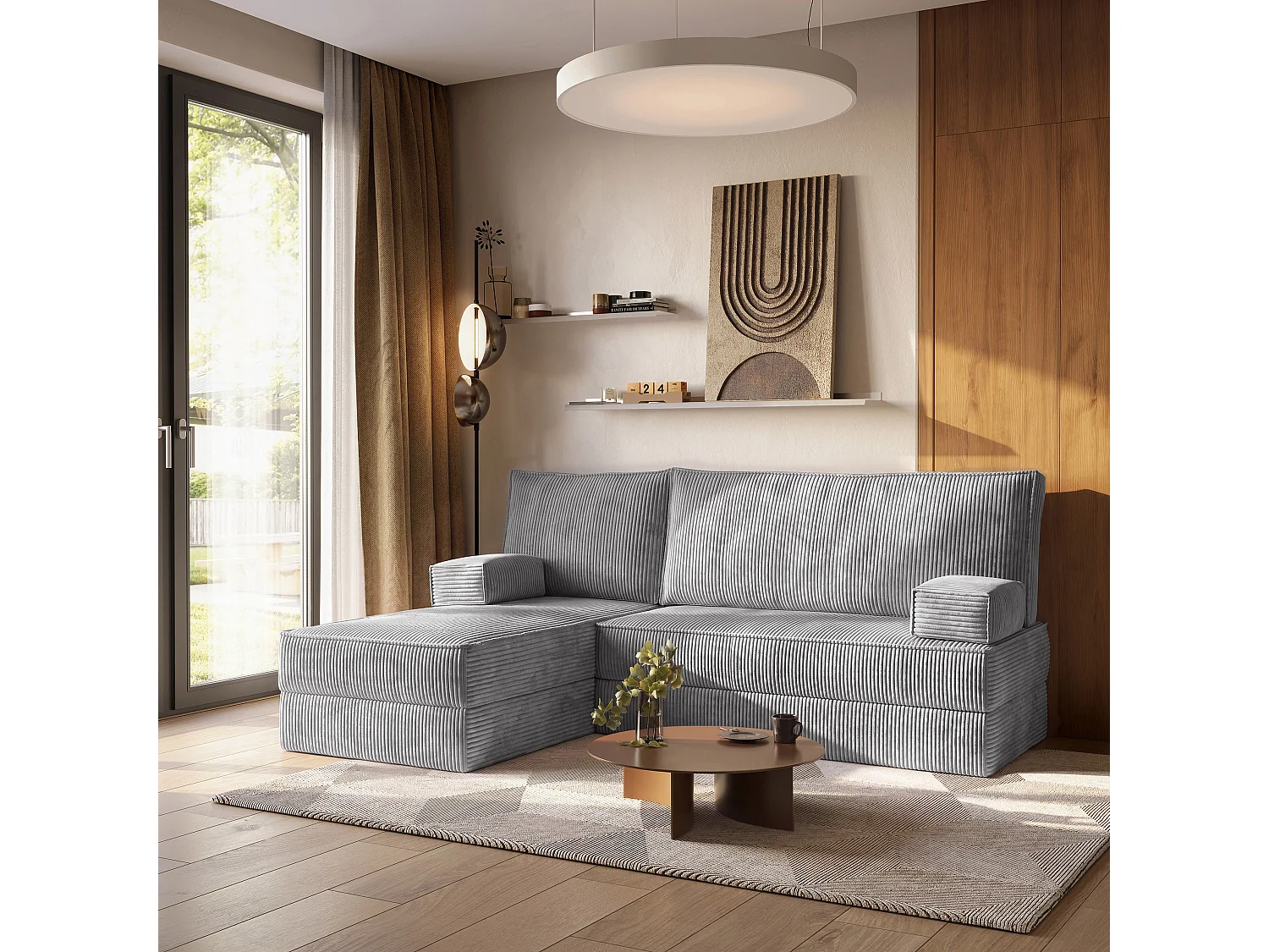 Canapé convertible compressé NOTIA, sans cadre métallique, velours côtelé POSO Gris clair