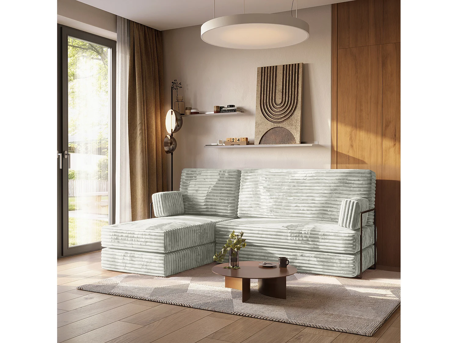 Canapé convertible compressé NOTIA, avec cadre métallique, velours côtelé TILIA Gris clair