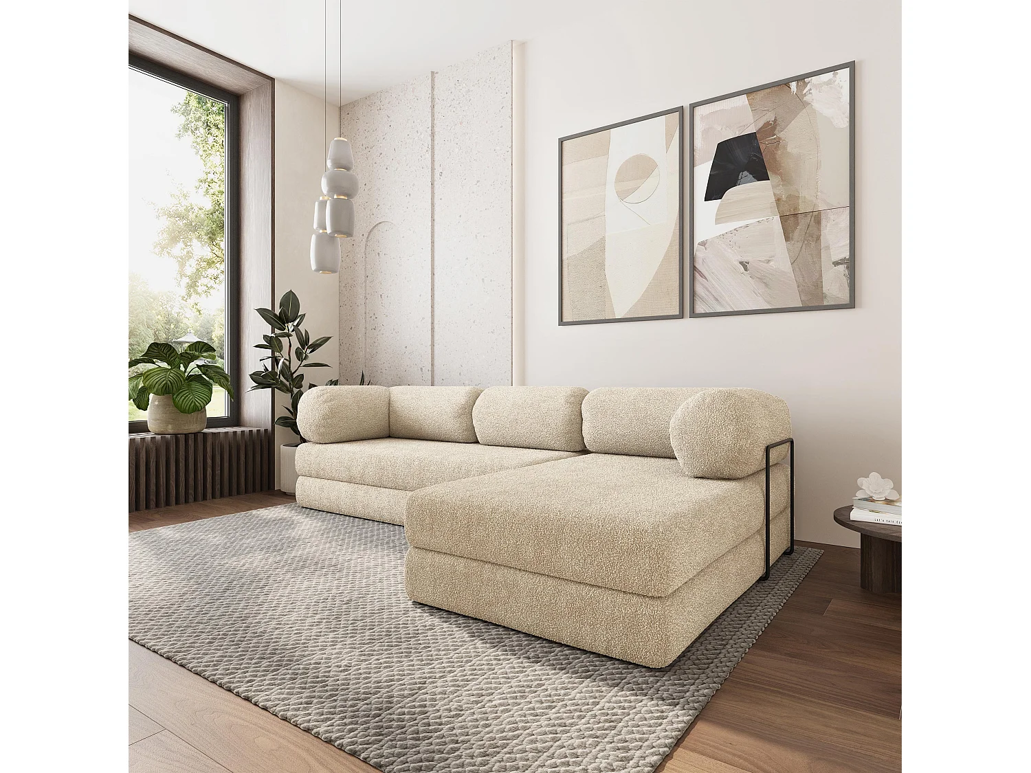 Canapé convertible compressé KELI, avec cadre métallique, bouclé Crème