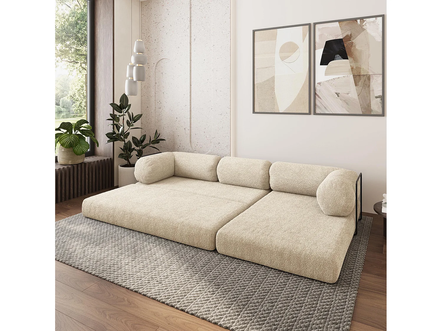 Canapé convertible compressé KELI, avec cadre métallique, bouclé Crème