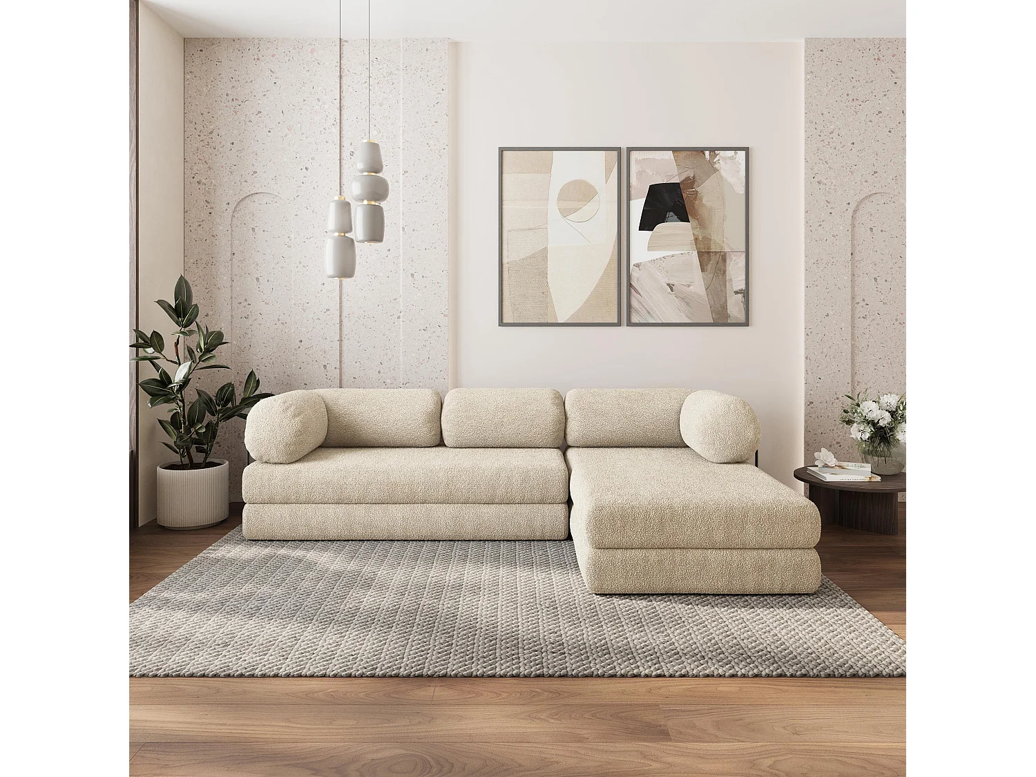 Canapé convertible compressé KELI, avec cadre métallique, bouclé Crème