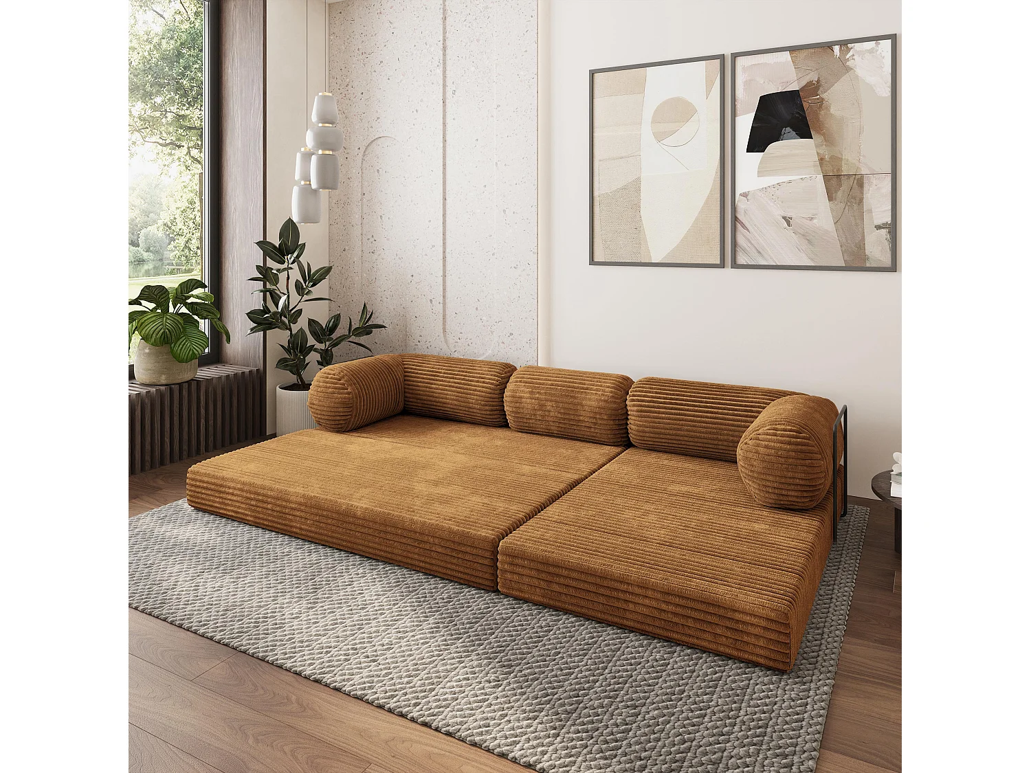 Canapé convertible compressé ETERA, avec cadre métallique, velours côtelé TILIA Cuivré