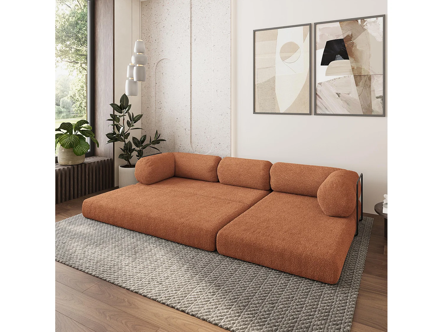 Canapé convertible compressé KELI, avec cadre métallique, bouclé Cuivré