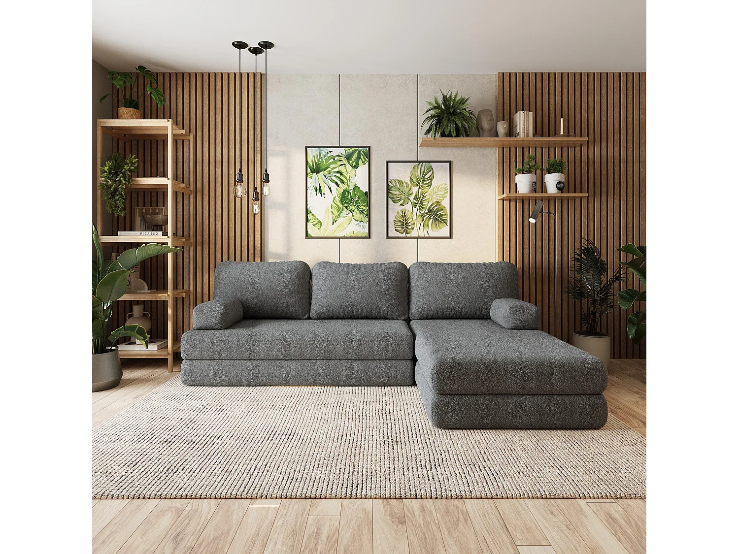 Canapé convertible compressé LEA, sans cadre métallique, bouclé Gris