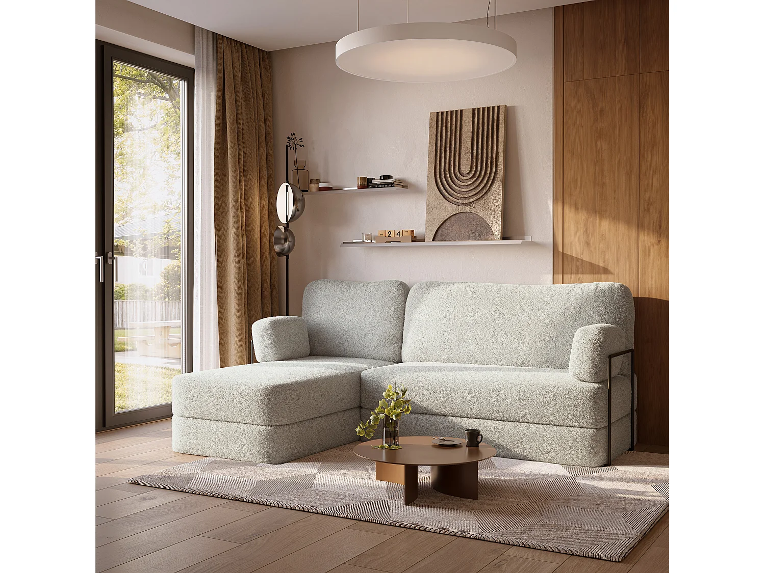 Canapé convertible compressé SABI, avec cadre métallique, bouclé Gris clair