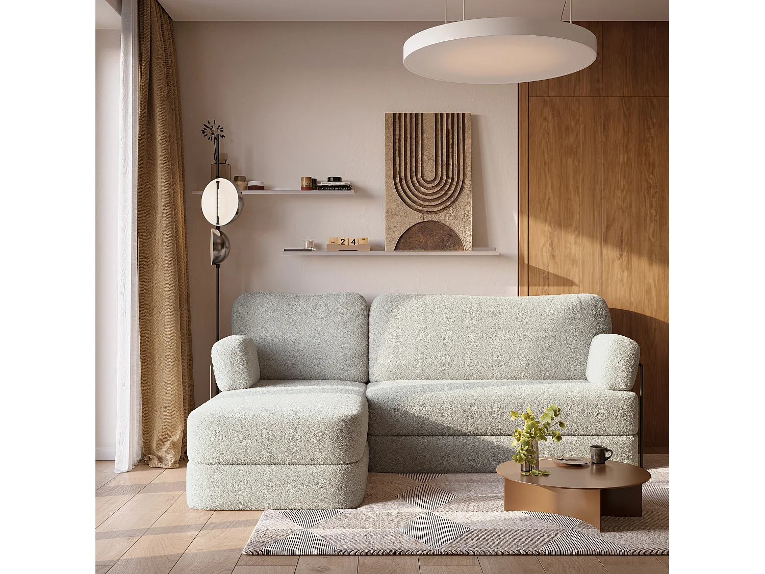 Canapé convertible compressé SABI, avec cadre métallique, bouclé Gris clair