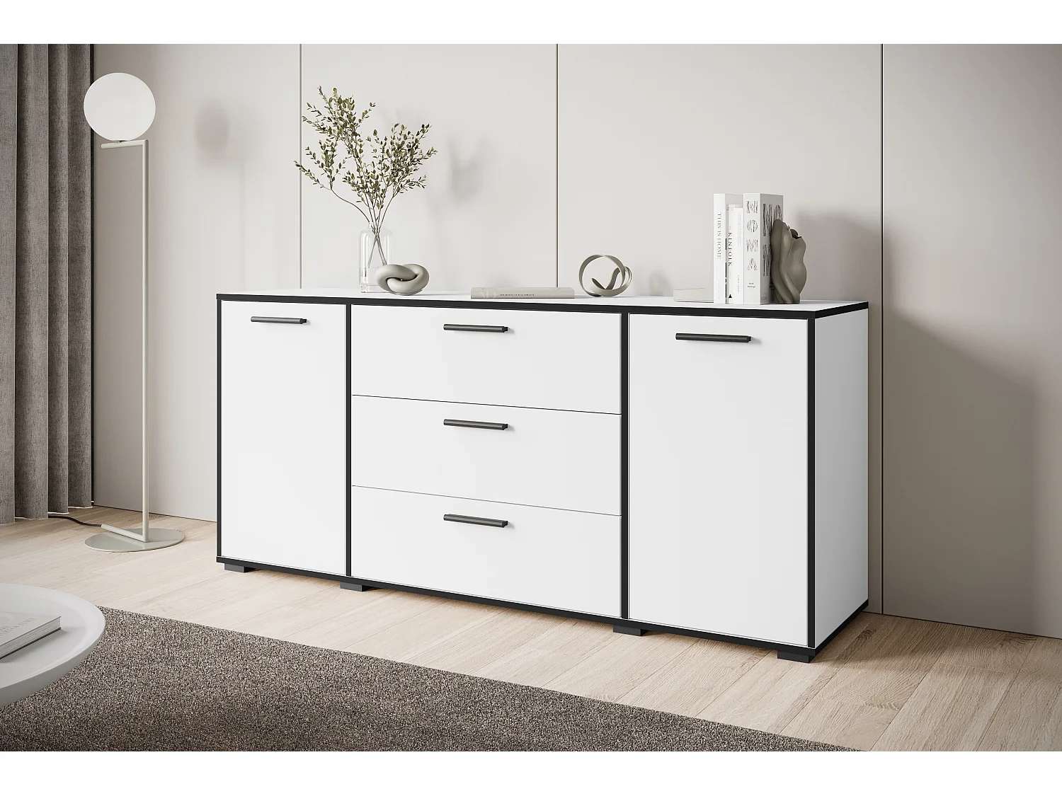 Modern byrå 150 cm för vardagsrum, 3 lådor och 2 skåp, matt vit