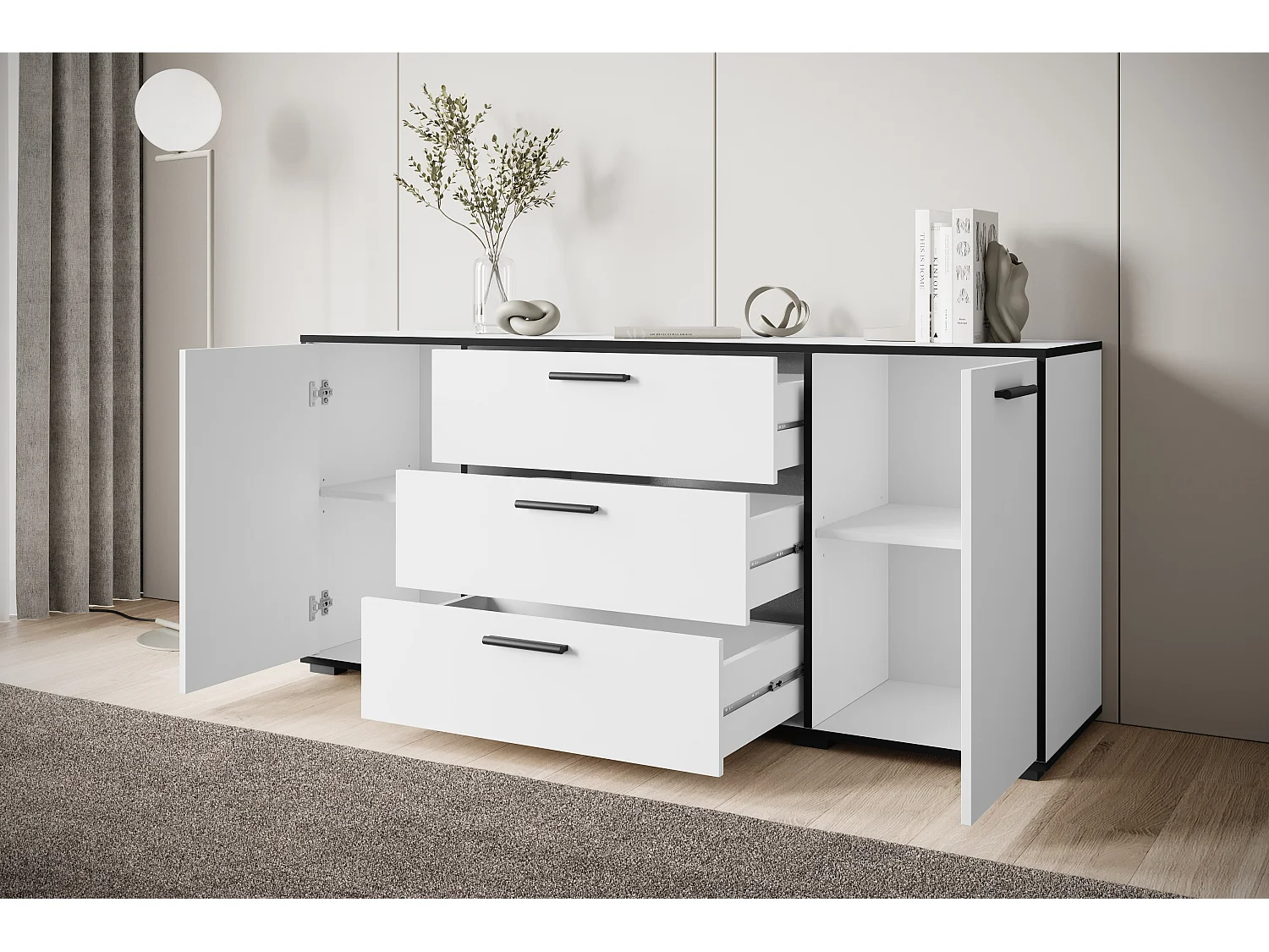 Modern byrå 150 cm för vardagsrum, 3 lådor och 2 skåp, matt vit