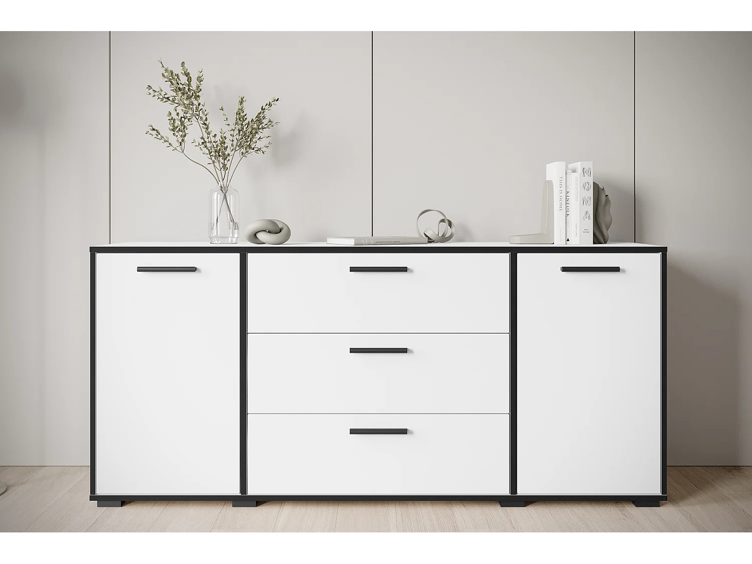 Modern byrå 150 cm för vardagsrum, 3 lådor och 2 skåp, matt vit