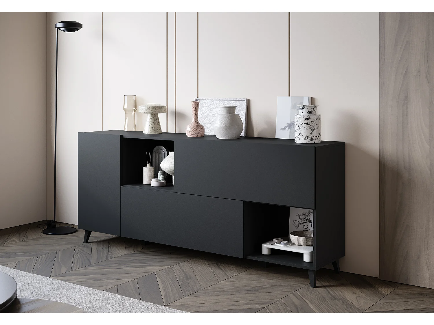Breite Kommode 180 cm mit offenem Fach, Schwarz Graphit