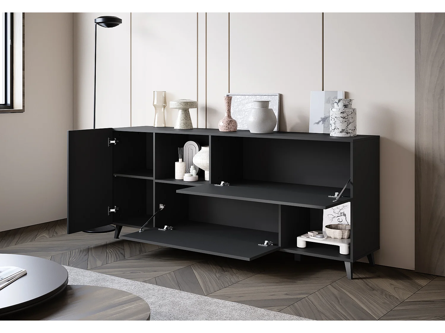 Breite Kommode 180 cm mit offenem Fach, Schwarz Graphit