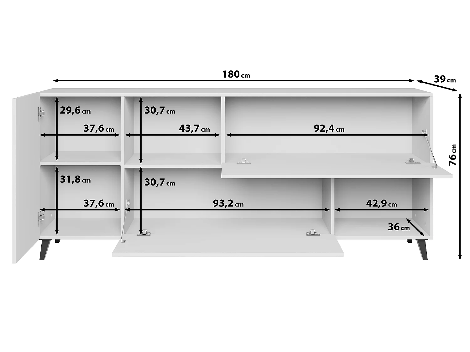 Breite Kommode 180 cm mit offenem Fach, Schwarz Graphit