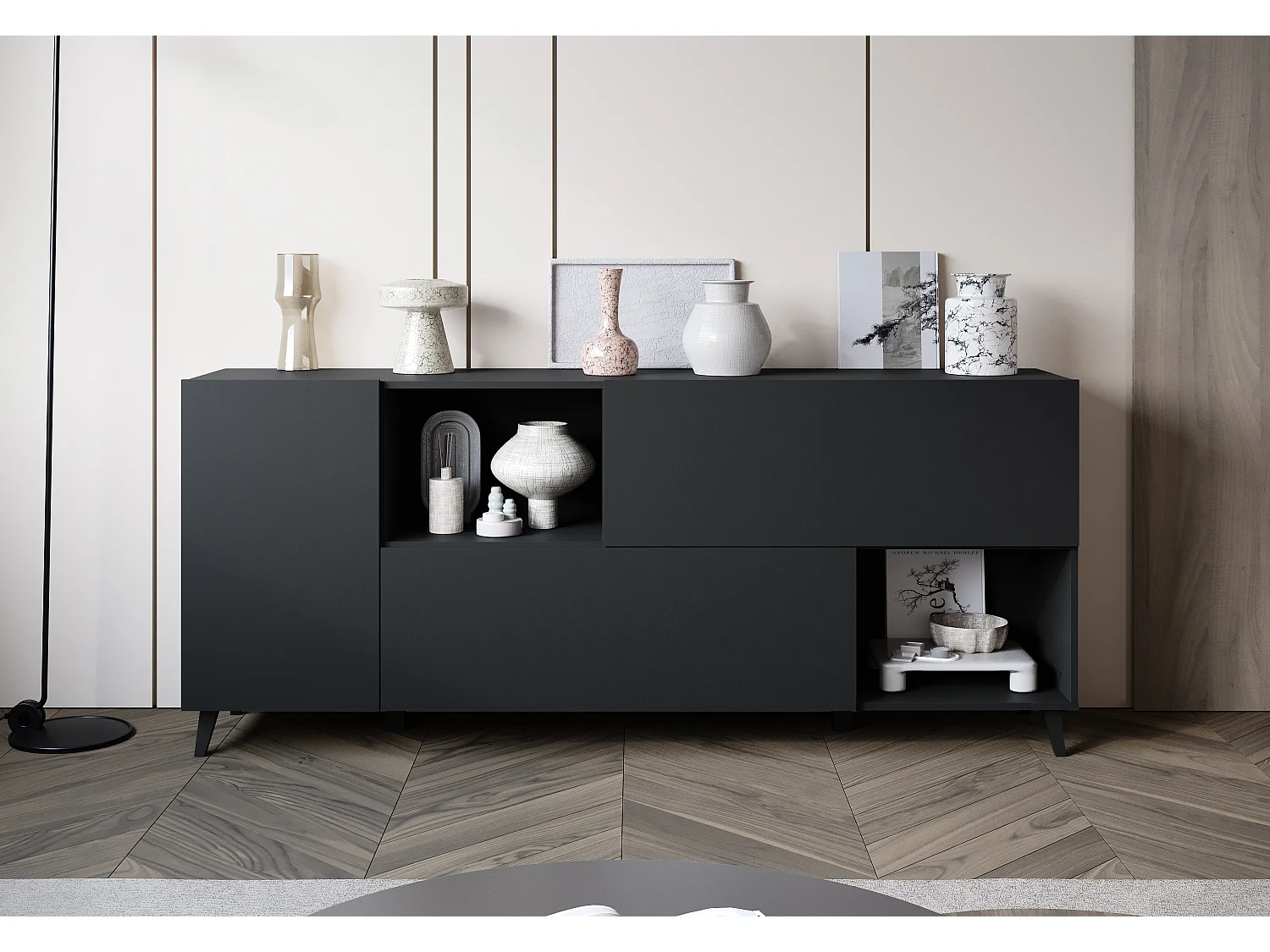 Breite Kommode 180 cm mit offenem Fach, Schwarz Graphit