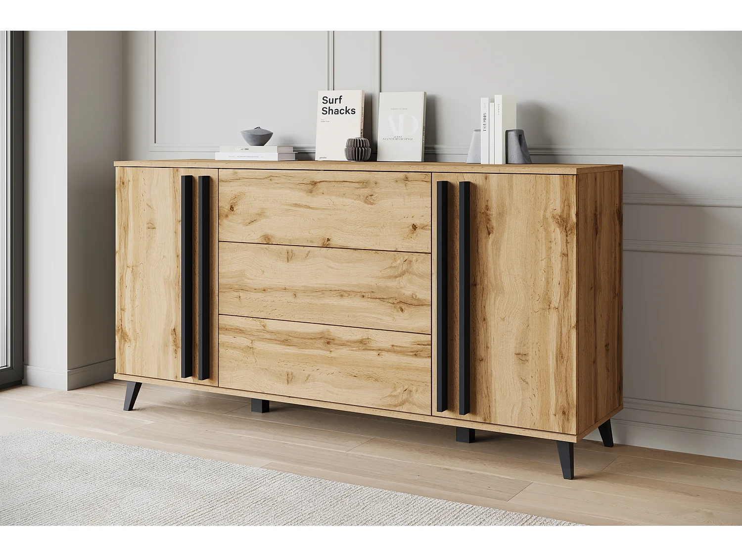 Commode 150 cm sur pieds pour salon avec tiroirs et placards, chêne Wotan