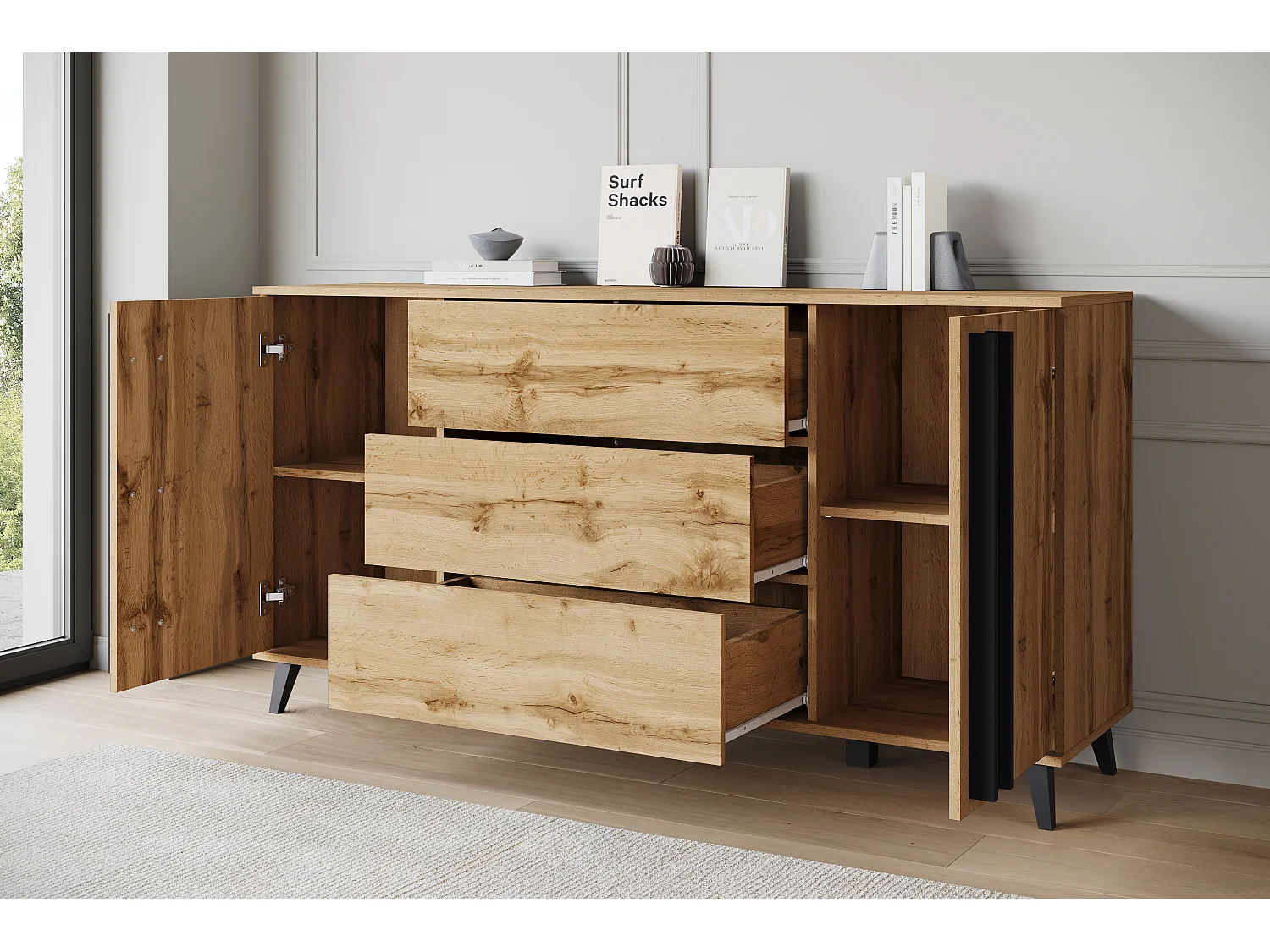 Commode 150 cm sur pieds pour salon avec tiroirs et placards, chêne Wotan
