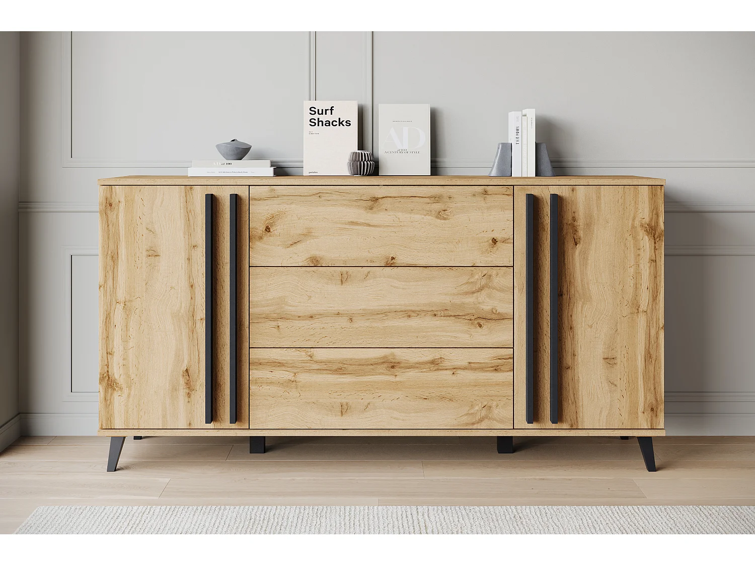 Commode 150 cm sur pieds pour salon avec tiroirs et placards, chêne Wotan